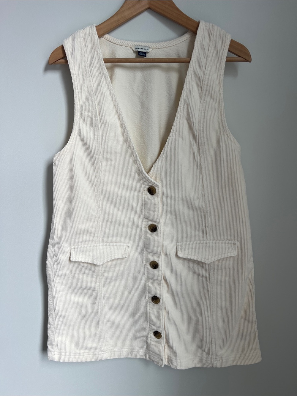 American Eagle | Cream Corduroy Button-Front Vest Dress Size M